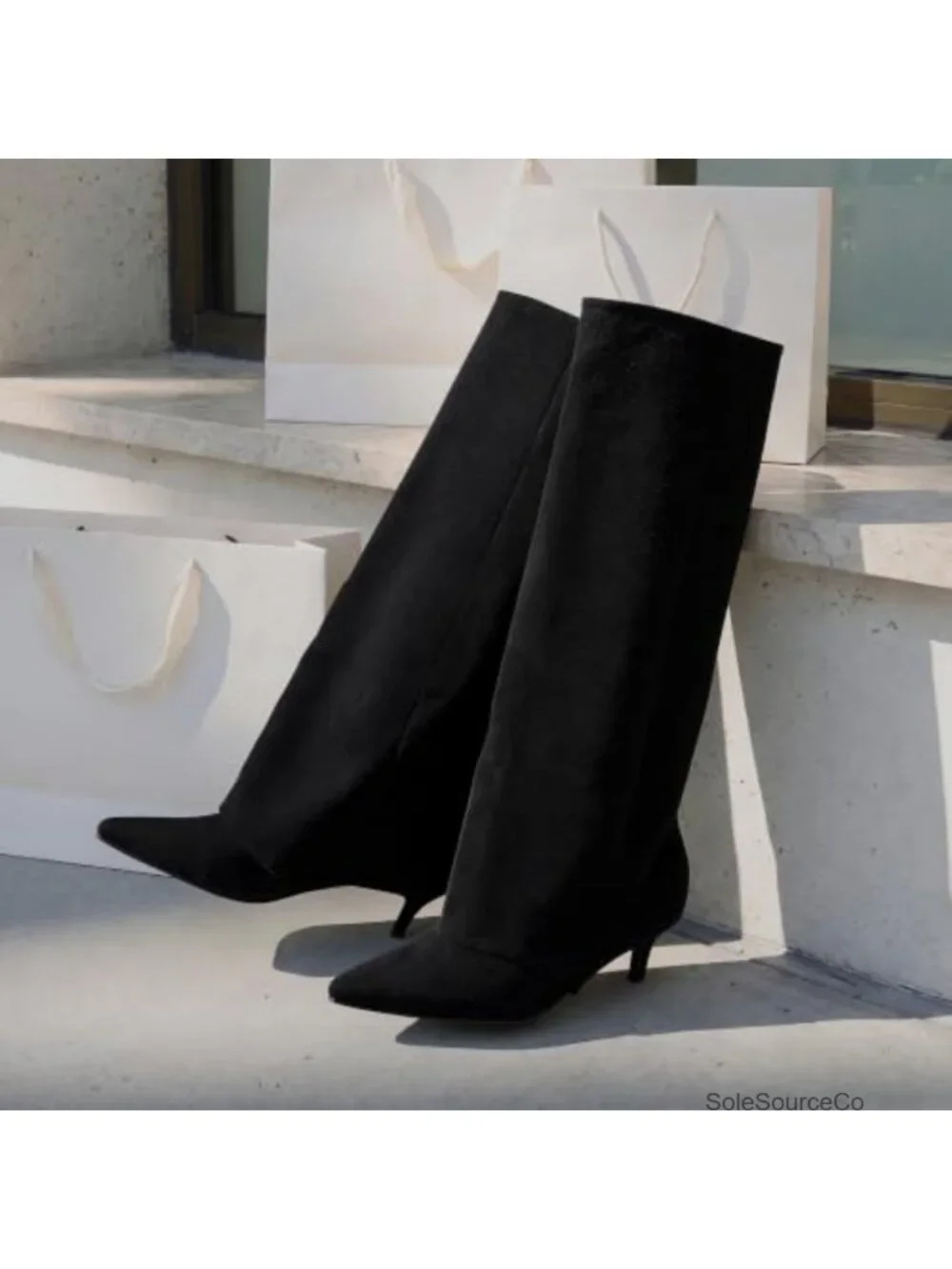 Faux Suede Knee High Boots Fold Over Kitten Heel Pointed Toe Women